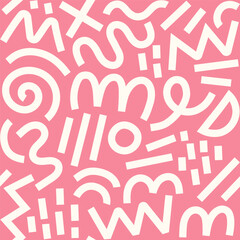 Memphis geometric seamless pattern. Pink pastel abstract background in retro 80s, 90s style with various shapes: circles, semicircles, dots, zigzags, spirals, wavy lines. Cute kid doodle design.	
