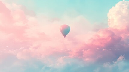 Fototapeta premium A single hot air balloon drifts among pastel clouds, evoking dreams and freedom in a calm, ethereal sky.