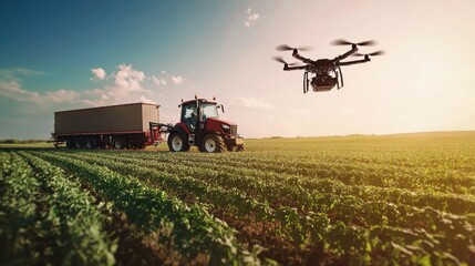 Fototapeta premium Aerial View of Precision Farming Setup at Sunset