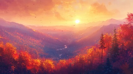 Fototapeta premium Autumn Sunset Over Majestic Mountain Landscape