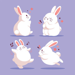 Obraz premium White cartoon rabbits vector set. Flat little and cute bunny collection. Funny farm animal mascot. Easter Bunny illustrations isolated on purple background.