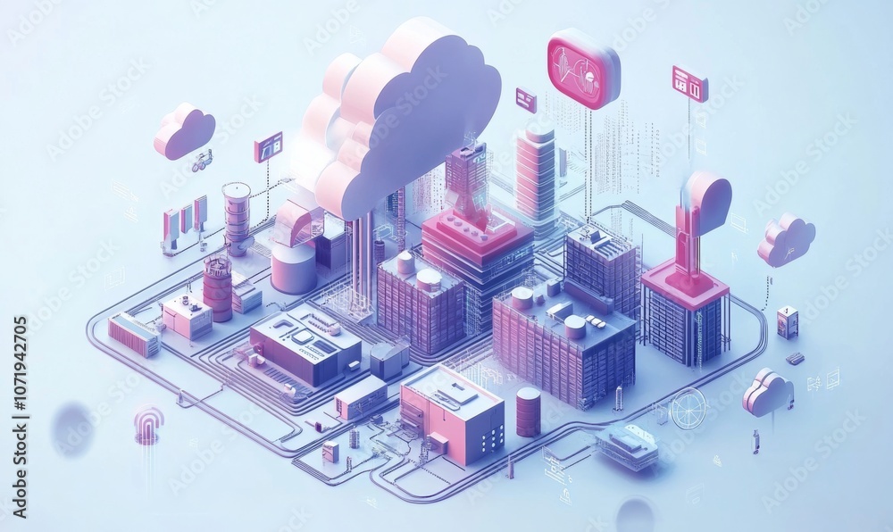 Wall mural isometric illustration depicting modern cloud technology and networking concept, representing web cl