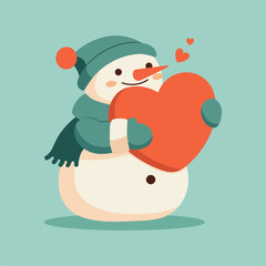 Cute funny snowman in cartoon style. Snowman in a hat, scarf and warm gloves holds red heart. Winter symbol. Christmas flat vector illustration isolated on green background.