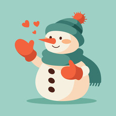 Cute funny snowman in cartoon style. Snowman in a hat, scarf and warm gloves. Winter symbol. Christmas flat vector illustration isolated on green background.