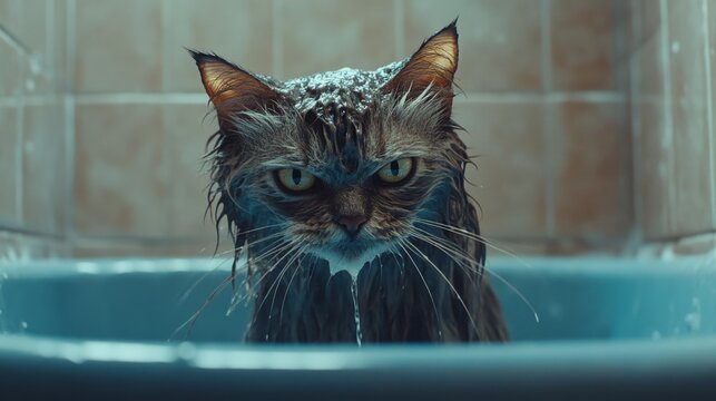 A soaking wet cat sits indignantly in a bathtub, its grumpy expression capturing a humorous moment of bath-time defiance.