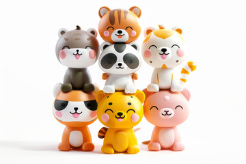 Naklejka premium Cute cartoon animal figurines: adorable smiling characters stacked together