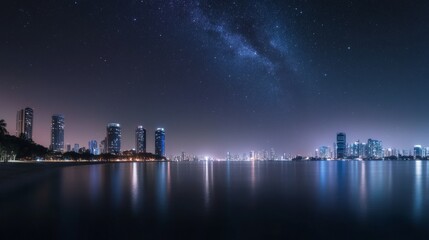 Fototapeta premium A city skyline glows under the expansive Milky Way, blending urban and cosmic beauty in a stunningly serene night scene.