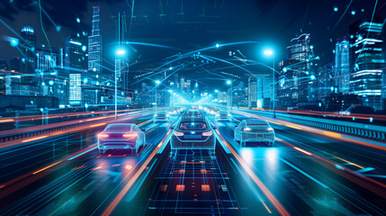 Nighttime city traffic with car lights streaming along busy streets and highways in a vibrant urban skyline