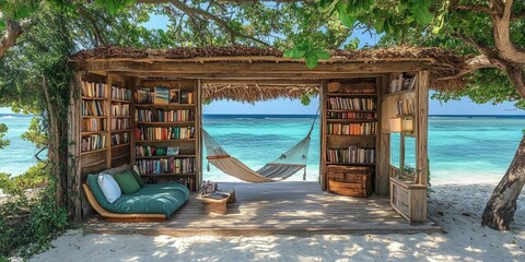 Idyllic Beachside Cabana Surrounded by Lush Greenery with a Stunning View of the Calm Ocean, Offering a Relaxing Retreat for Nature Lovers and Book Enthusiasts