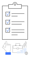 Hand pointing at checklist on clipboard with three checked boxes. Icons of briefcase, ascending arrows, bar graphs, and dollar coin. Ideal for productivity, organization, business growth, financial