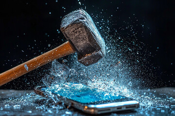 Phone shattering under heavy hammer at a creative art display