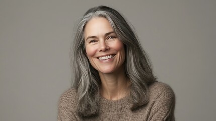 Obraz premium Smiling Woman with Long Gray Hair in Cozy Sweater