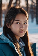 A young girl with long, dark hair and serious expression stands outdoors. A resident of Kazakhstan, a beautiful girl of 15 years old. Schoolgirl, student or applicant. Modern generation. AI generated