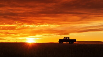 Fototapeta premium Silhouette of Truck Against Vibrant Sunset Sky