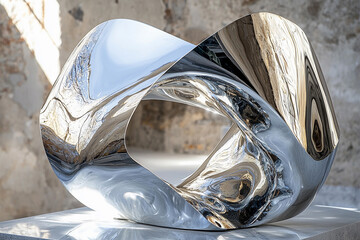 Modern metallic sculpture highlighting curves and reflections indoors