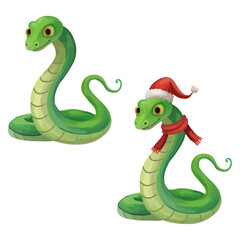 Naklejka premium Christmas snake character dressed in a red hat and scarf Year of the symbol snake