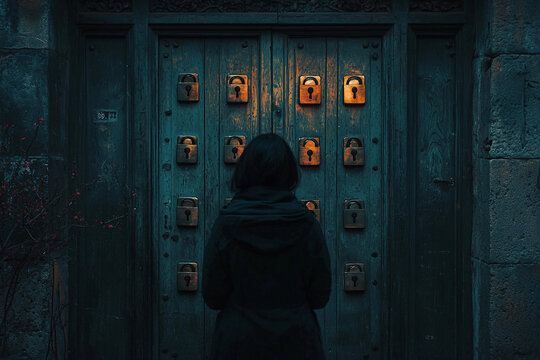 A mysterious figure stands before a door with multiple locks at dusk