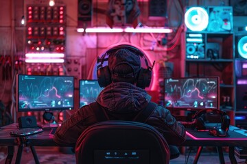 Obraz premium A gamer immersed in a high-tech setup with multiple screens and vibrant lighting.