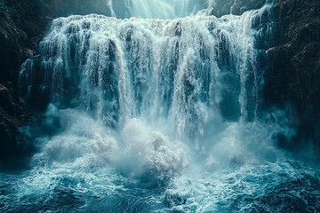 A majestic waterfall cascading over rocky cliffs at sunrise