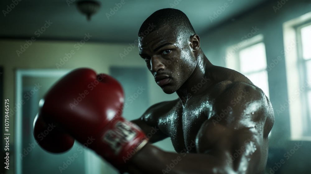 Sticker An intense boxer, glistening with sweat, trains vigorously in a dimly lit gym, exuding strength and focus, through powerful punches.