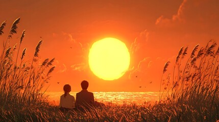 Couple enjoying a romantic sunset by the beach, surrounded by tall grass.