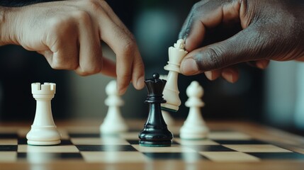 Two hands strategize over a chessboard, captured in the decisive moment of a chess match.