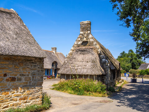 Thatched roof cottage houses in Kerascoet, Brittany