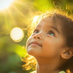 Fototapeta premium Hopeful child looking up with bright eyes, warm sunlight on face, innocence and optimism, outdoor scene