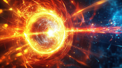 Fototapeta premium Quantum communication network, entangled particles transmitting data via light beams, futuristic digital environment.