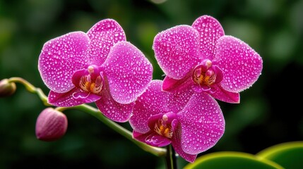 This image features vibrant pink orchids adorned with droplets, showcasing their delicate petals and rich texture against a green background.