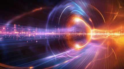 Obraz premium Quantum communication network, entangled particles transmitting data via light beams, futuristic digital environment.