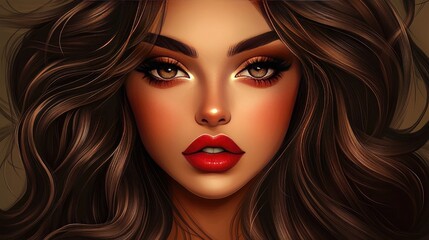 Fototapeta premium Elegant Woman with Wavy Brown Hair and Subtle Makeup