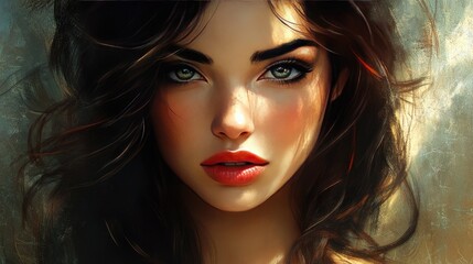 Naklejka premium Elegant Woman with Wavy Brown Hair and Subtle Makeup