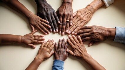 Obraz premium Diverse hands of different ages and skin tones arranged in a circle on a flat surface 