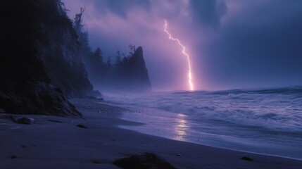 A dramatic lightning bolt illuminates a stormy coast, highlighting the power and majesty of nature against the dark, turbulent sea.