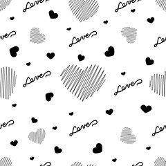 Seamless pattern with inscriptions love and hearts with lines on a white background