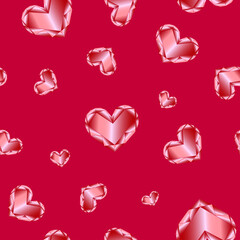 Seamless pattern with red crystal hearts on a pink background