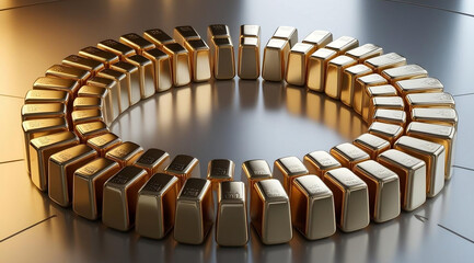 Obraz premium A circular arrangement of gleaming gold bars, reflecting light, creates a visually striking display of wealth and luxury.