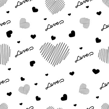 Fototapeta Seamless pattern with inscriptions love and hearts with lines on a white background
