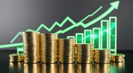 A visually striking image of gold coins stacked high, against a backdrop of green upward-trending graphs, symbolizing financial growth and investment success.