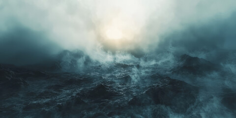 Fototapeta premium Dense fog creeping across a dark landscape with faint glowing highlights in the mist