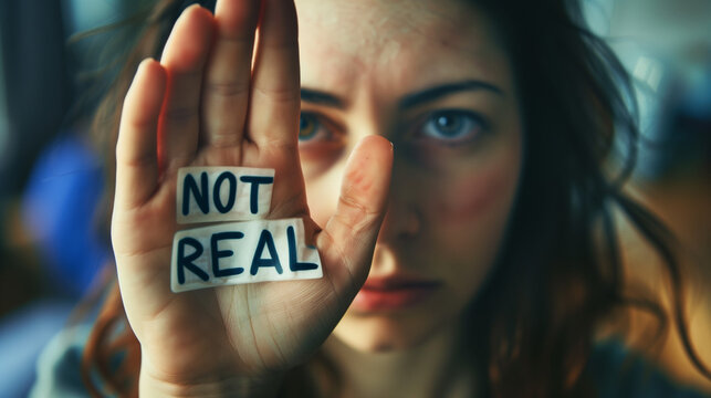 Woman showing palm with "NOT REAL" text, skeptical expression.