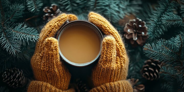 cozy new year atmosphere with wool gloves, mug with coffee, new year background