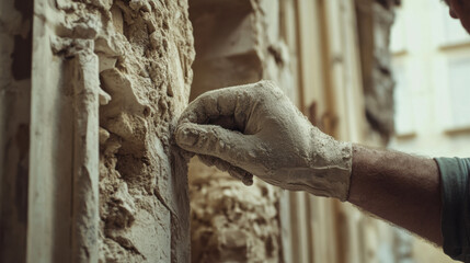 Fototapeta premium Repairing old plaster on heritage wall, construction expert skillfully restores surface with precision and care