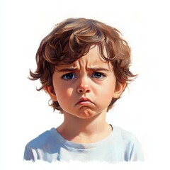 Anxious young child expression, slight furrowed brows, realistic portrayal, isolated on white background
