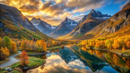 Naklejka premium Panoramic fall view of valley at sunrise with autumn mountain, calm lake and dramatic sky in More og Romsdal, Norway, Europe 