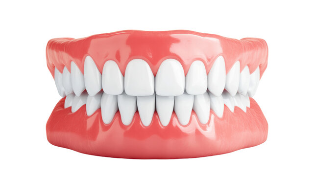 A realistic model of a mouth displaying a full set of white teeth and pink gums. isolated on a white background, transparent background.