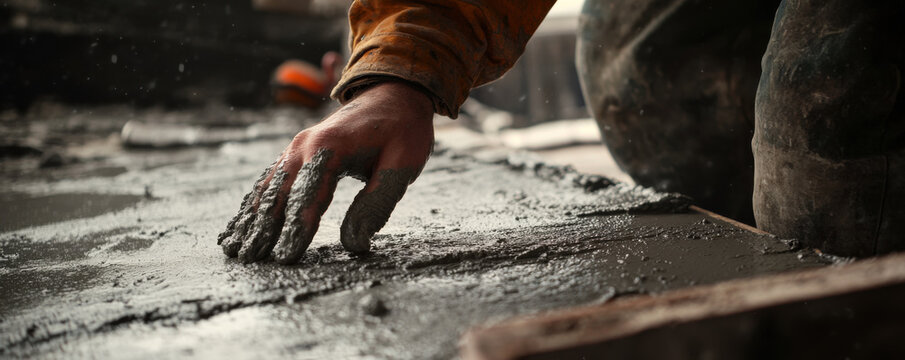 Laborer checking consistency of wet cement with hand, focused on task. scene captures texture and effort involved in construction work