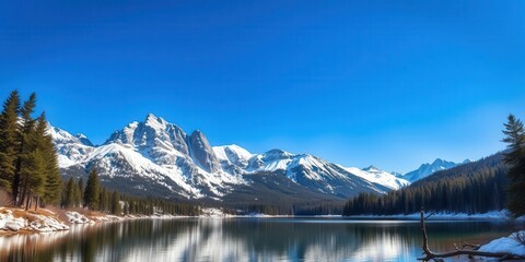 Fototapeta premium A serene mountain landscape with snow-capped peaks, pine forests, and a tranquil lake reflecting the blue sky above, blue sky, serene, tranquil