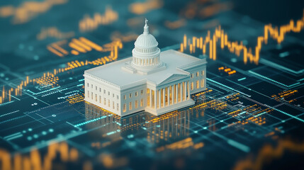 A digital rendering of a government building surrounded by financial graphs, symbolizing the intersection of politics and economics in data-driven decision-making.